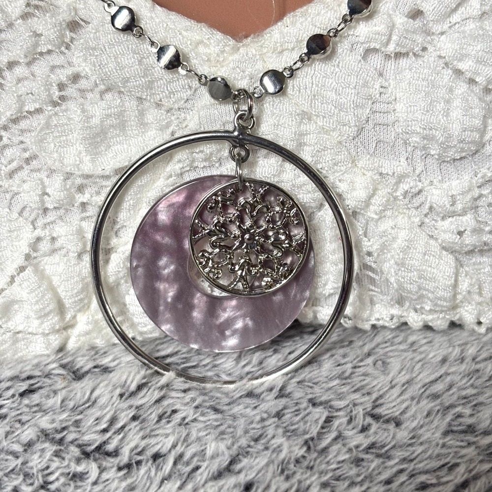 Fairycore Pendant Necklace Silver Tone Purple Filigree Whimsigoth Hippie 21881